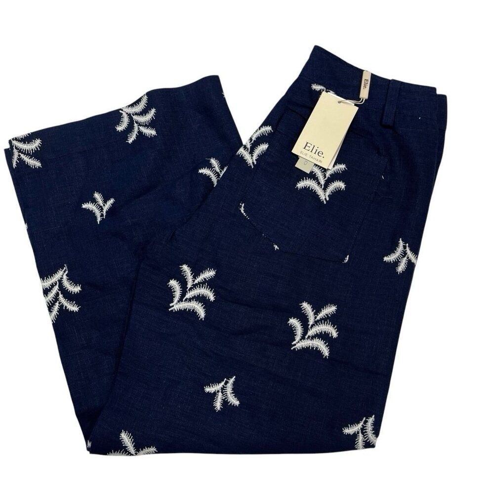 Elie Tahari Pants Blue Linen White Palm Tree Embroidered Wide Leg Size 4 Resort‎